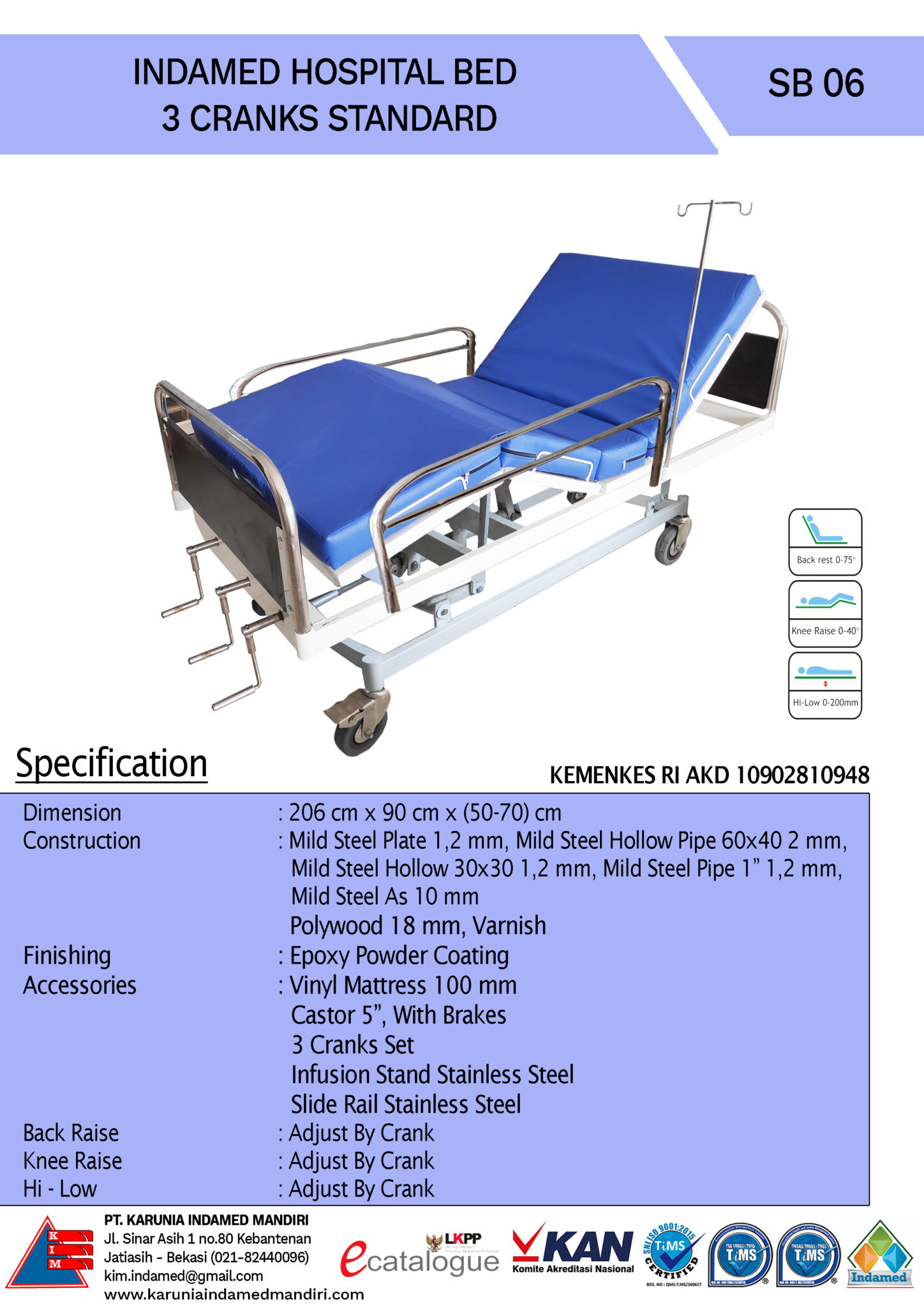 INDAMED Hospital Bed 3 Cranks Standard SB 06 PT. Karunia Indamed Mandiri