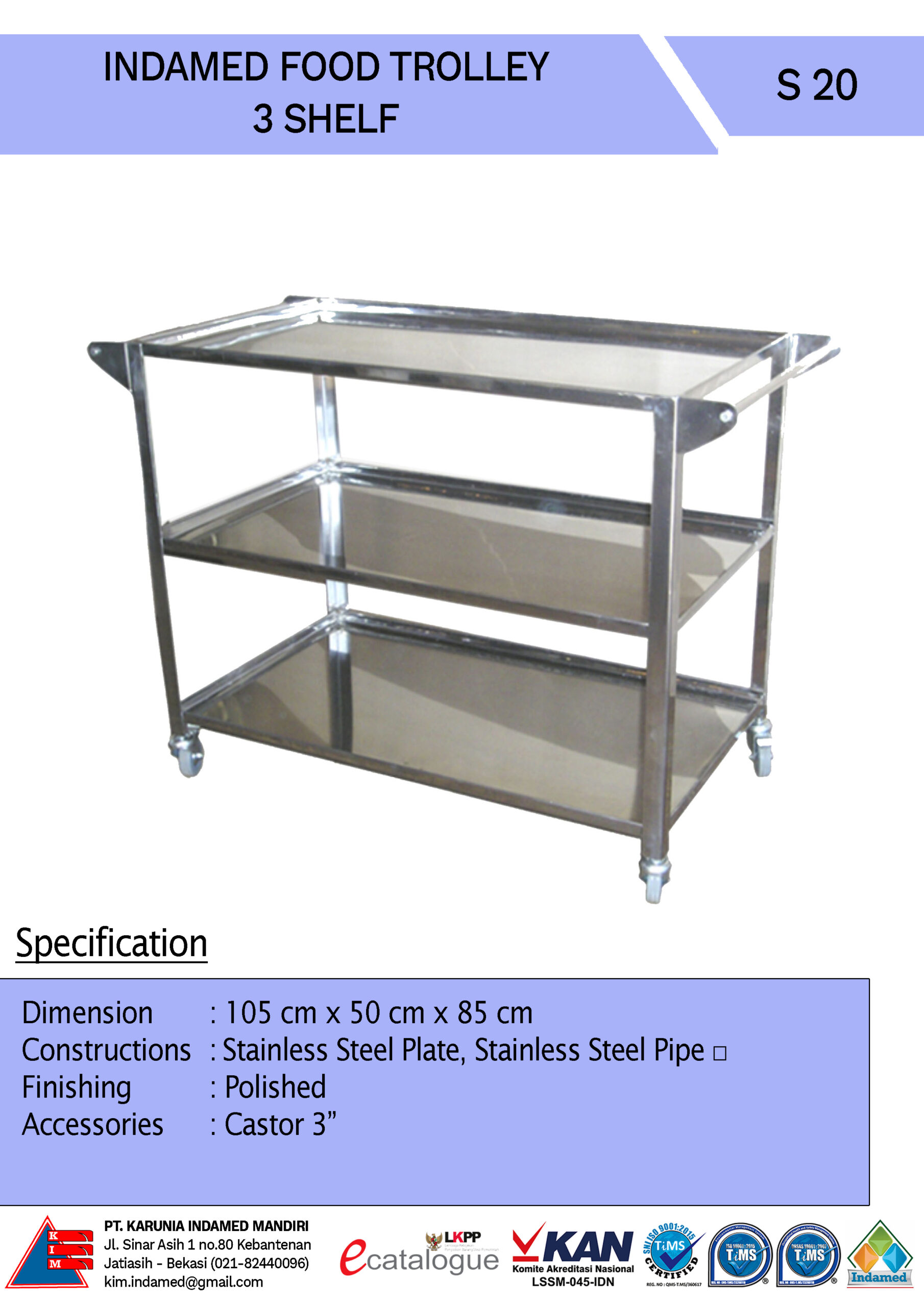 INDAMED Food Trolley 3 Shelf S 20 PT. Karunia Indamed Mandiri